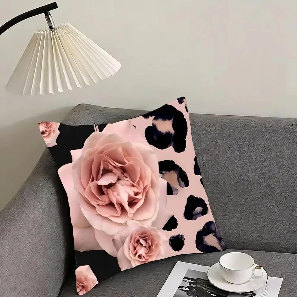 2D Flat Printed Leopard Print Pink Rose Peach Skin Cushion Cover Floral Animal Pillowcase For Sofa Living Room Bed Home Decor