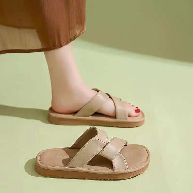 2024 Новый стиль Универсальные популярные высококачественные женские тапочки с открытым носком Плоские удобные однотонные простые женские туфли