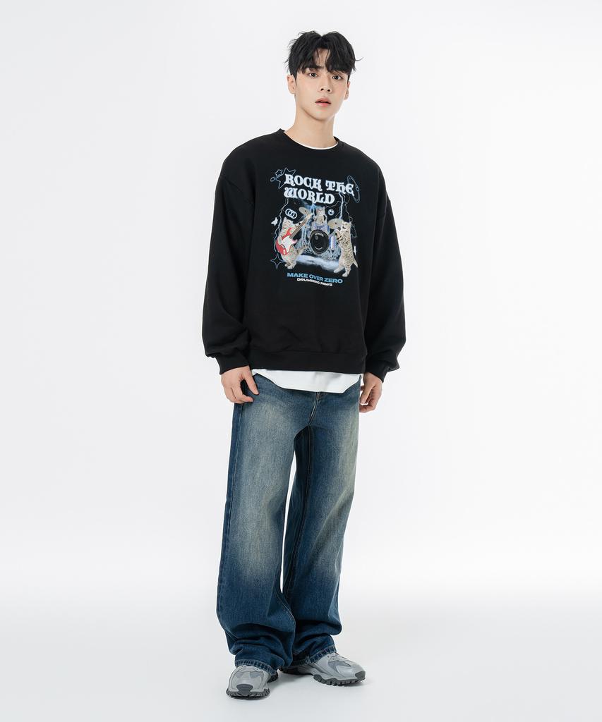 MOZMOZ Soft French Terry Rock Cat Oversized Sweatshirt Black