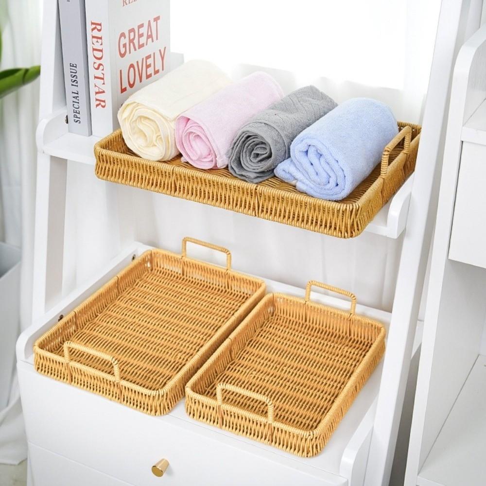 Handwoven Wicker Serving Tray Woven Handheld Imitation Rattan Fruit Plate Kitchen Storage