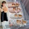Girls' Single Shoes Spring Rhinestone Pearl Little Girl Cute Bow Princess Small Leather Shoes Trend