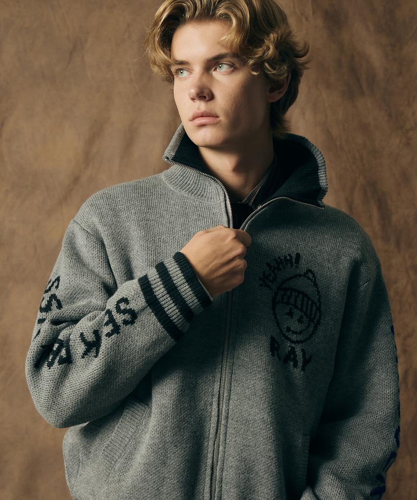 RAYFIKERS Wicked Smile High-Neck Knit Zip-Up Mq5Su509_Melange Grey