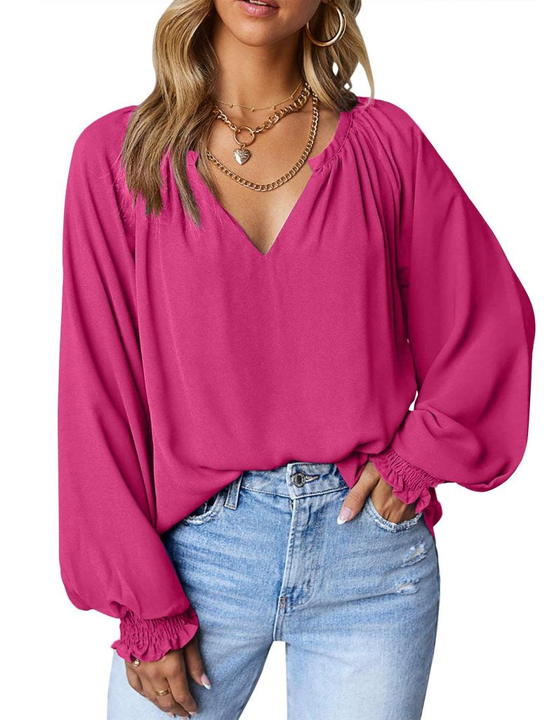 Осенние плиссированные блузки с v-образным вырезом, модные повседневные свободные женские рубашки с длинным рукавом, простые шифоновые рубашки и топы, женская однотонная одежда 28612