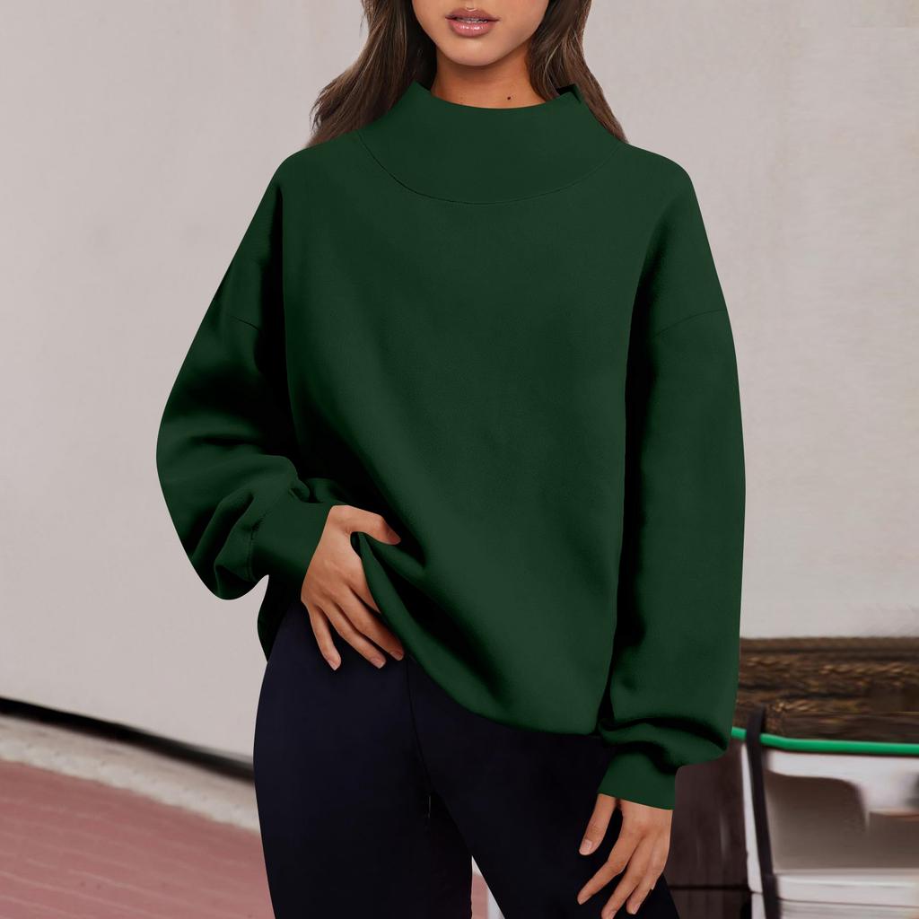 Women's Fashion Solid Color Long Sleeve Loose Slit Half Turtleneck Pullover Sweatshirt Top