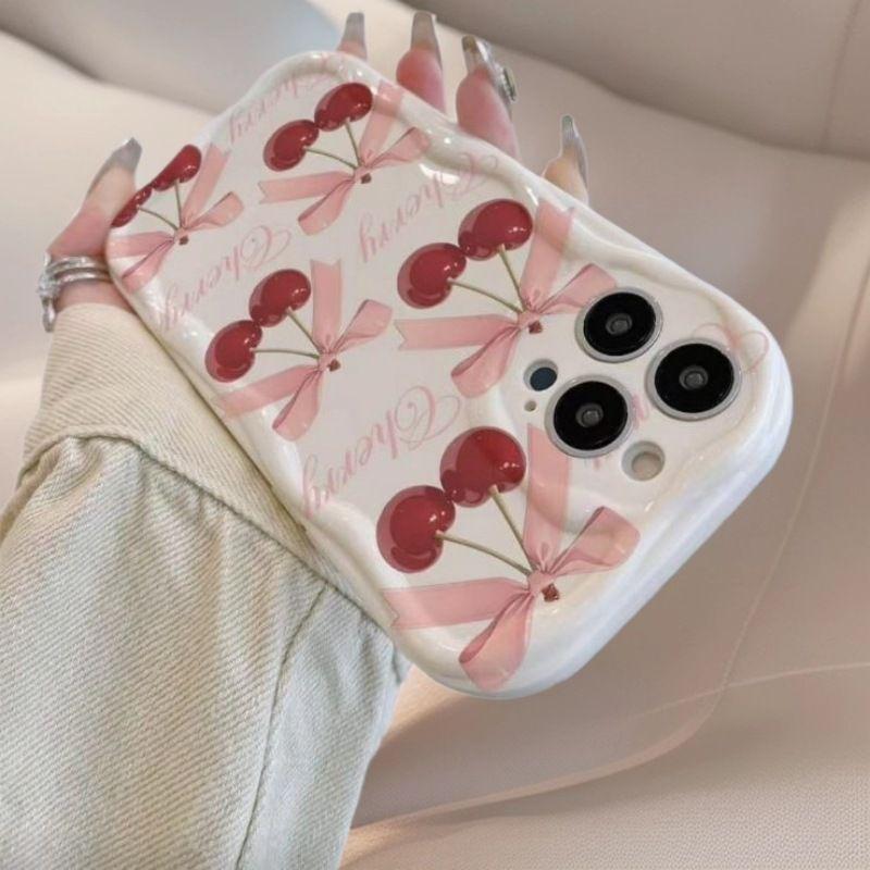 Cute Red Cherry Butterfly 3D Wave Phone Case for iPhone 17 Air 16 15 14 Plus 13 12 11 Pro Max 16E XR XS X 7 8 Silicone Cover