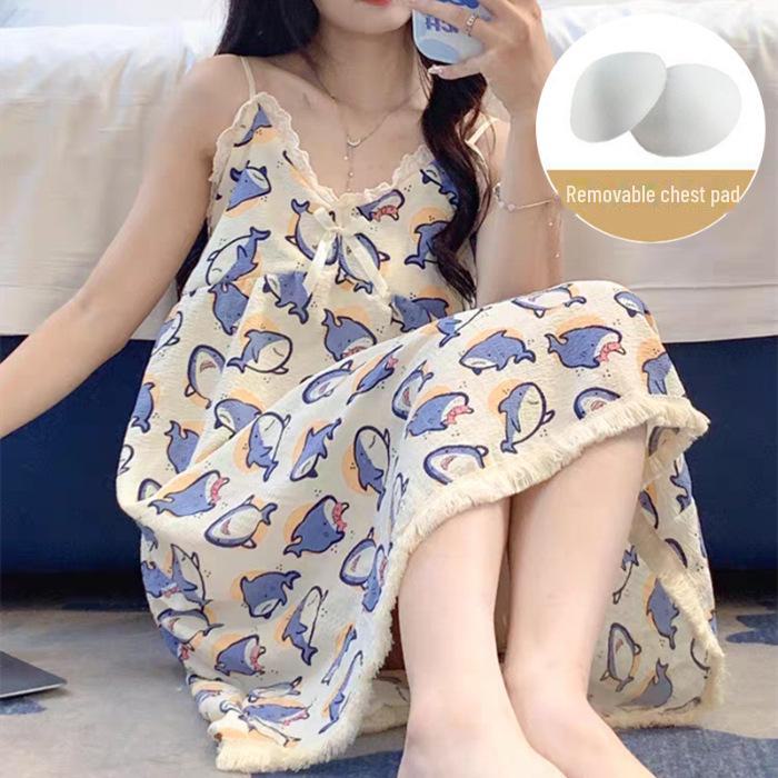 Летняя ночная рубашка с цветочным принтом и нагрудными подушечками - Милая, свободная, средней длины пижама