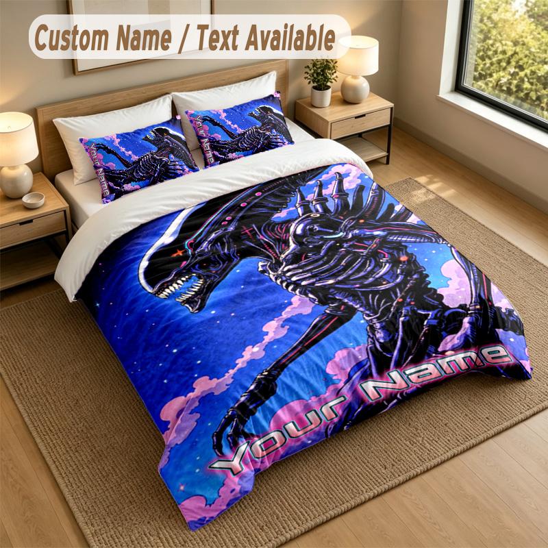 3Pcs Bedding Set Custom Name Text, 1 Sheet 2 Pillowcases Home Bed DecorAlien Xenomorph