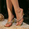 Women's Shoes, High-heeled Sandals, Gold with Cross Frame Strip, Special-shaped Heel, One Pedal, Fashionable Square Head, Simple Women's Shoes