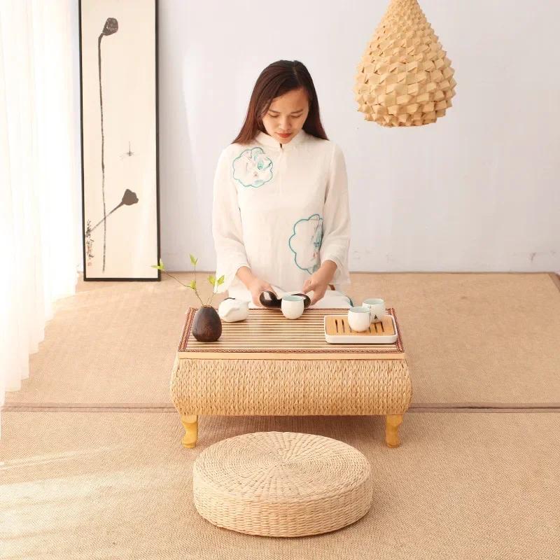 Японский ротанговый приставной столик – Квадратный прикроватный столик для хранения, Маленький кофейный столик для балкона, гостиной и салонного чаепития