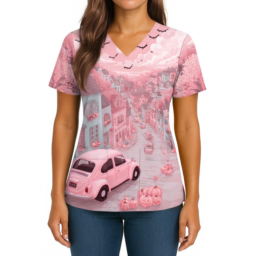 Женский Хэллоуинский Принт V-образный вырез Двойной карман Короткий рукав Разрез по подолу Топ для униформы/сиделки