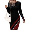 Autumn Winter Women Knee Length Dresses Fashion Elegant Color Contrast Striped Print Dress