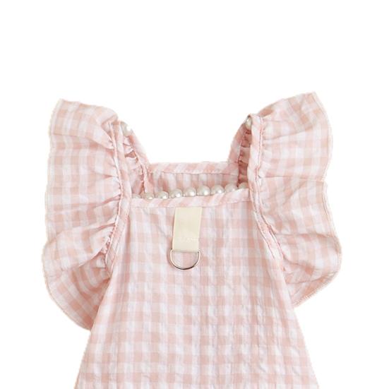 Летняя одежда для собак Головной убор с бантиком Пуловер с рюшами на рукавах и кружевным подолом Элегантный наряд Мягкое клетчатое платье Одежда для домашних животных и кошек Двуногий костюм для щенка