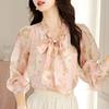 Fashion New  Autumn Long Sleeve Lace-Up Bow Collar Print Chiffon Blouse Shirt Women Tops Blouses Shirts J415