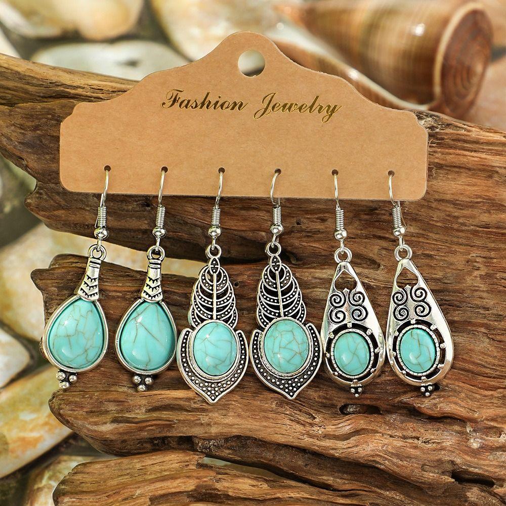 3 пары серебряных сережек-подвесок, резные серьги-подвески, винтажные бирюзовые серьги, комплект для женщин