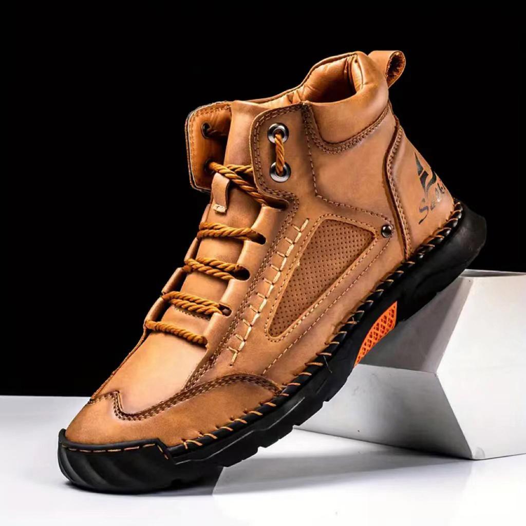 Men's Large Size Handmade Vintage Boots, Fashionable Lace-Up High-Top Casual Shoes, Spring and Autumn Outdoor Hiking and Trekking Boots
