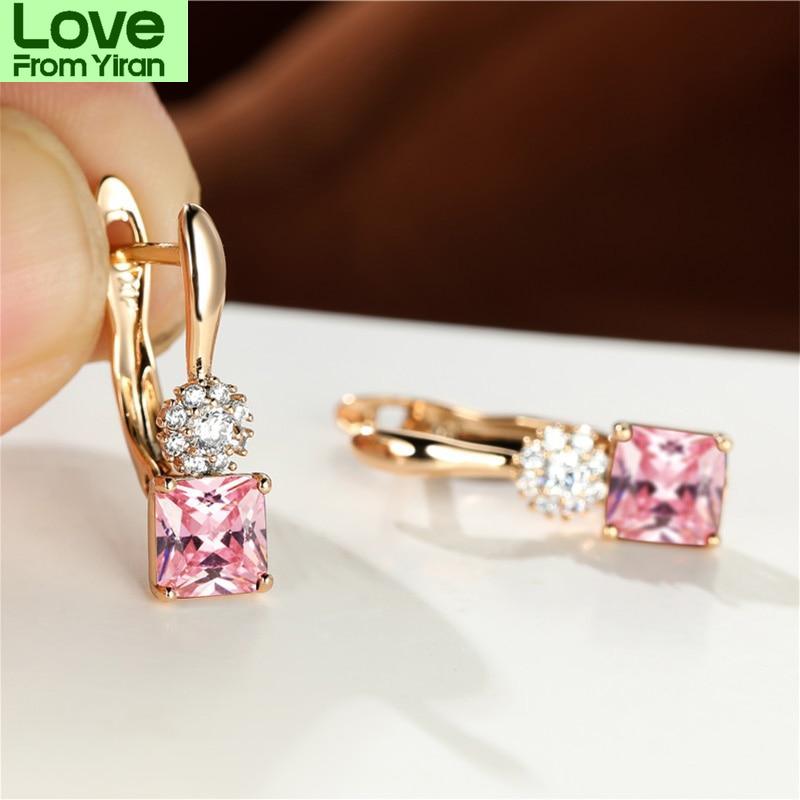 Small Square Stone Rainbow Zircon Earrings Dainty Rose Gold Color Wedding Earrings Female Luxury Crystal Hoop Earrings For Women