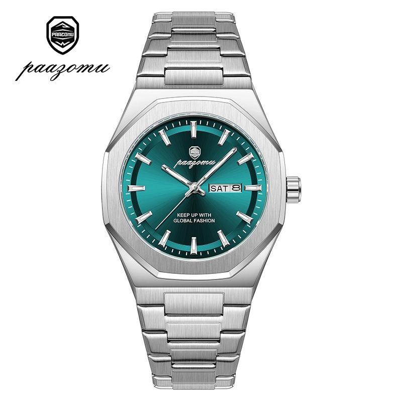 Mens Luxury Watches Octagonal Stainless Steel Analog Quartz Watch with Day Date, Waterproof Luminous Casual Watch