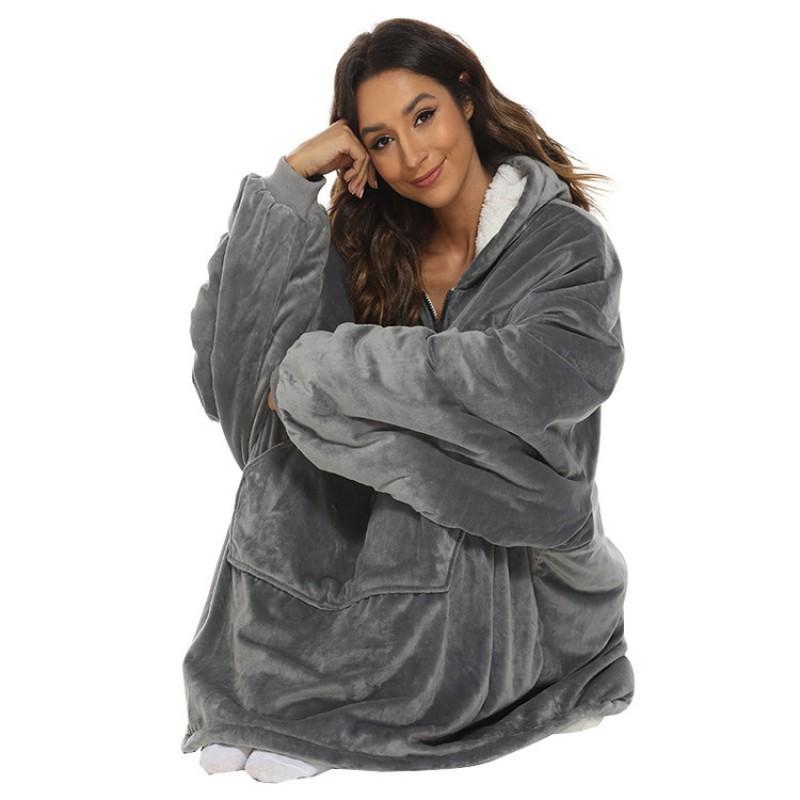 Grey Thick Double-Layer Hooded Lazy Sweatshirt Blanket Women Soft Warm Loungewear