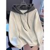New Autumn and Winter Loose Slim Single-breasted Design Contrasting Color Hooded Sweatshirt Long-sleeved Top