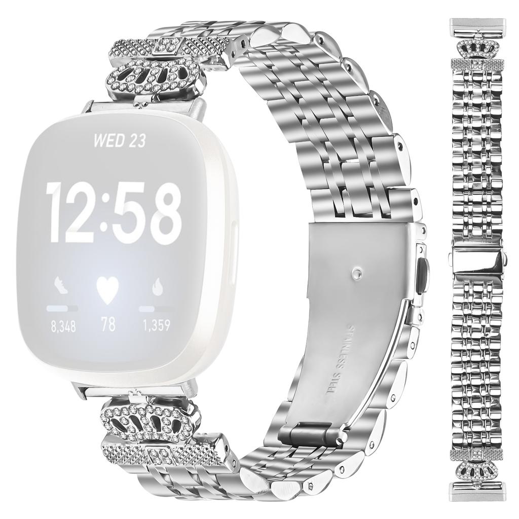 For Fitbit Versa 4/Sense 2 Watch Band 7-Bead Rhinestone Crown Stainless Steel Strap Silver