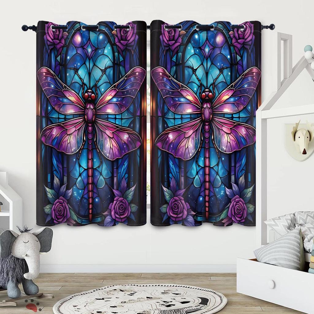 Dragonfly Pattern Glass Painted Blackout Curtains - Thickened Polyester, High Precision Sun Protection