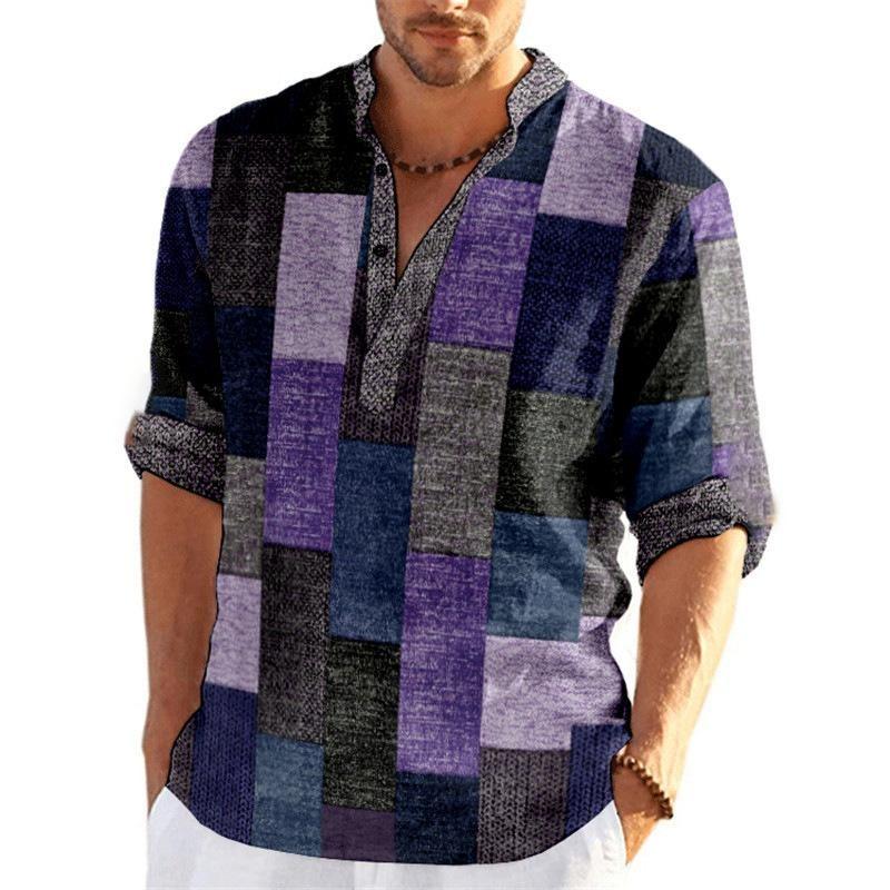 Летняя рубашка, стильная мужская крутая свободная молодежная льняная полосатая повседневная хлопковая рубашка с воротником-стойкой, тонкий темпераментный топ