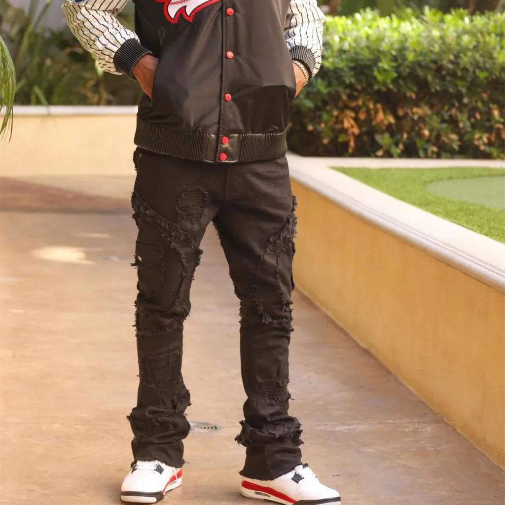 ZYLLO Men Ripped Stacked Jeans Distressed Slim Fit Skinny Straight Leg Jeans Fashion Hip Hop Denim Pants Casual Streetwear