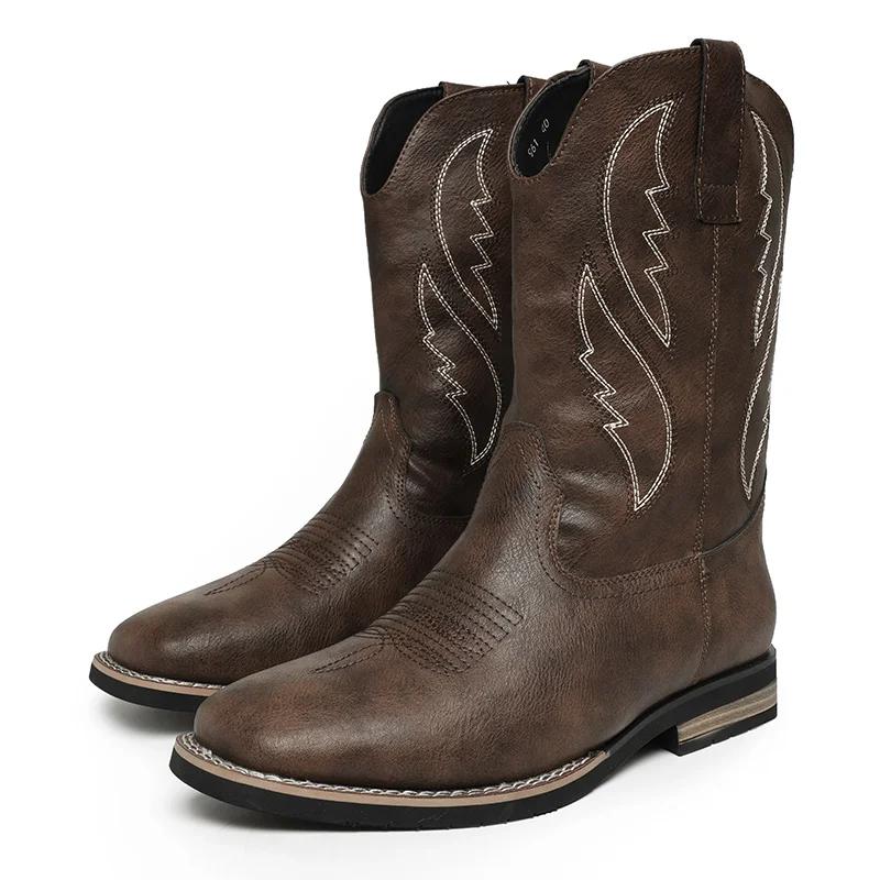 Мужские классические ковбойские сапоги в стиле ретро, мужские модные кожаные сапоги до середины голени с вышивкой, повседневная обувь с высоким берцем для мужчин 2025 г.