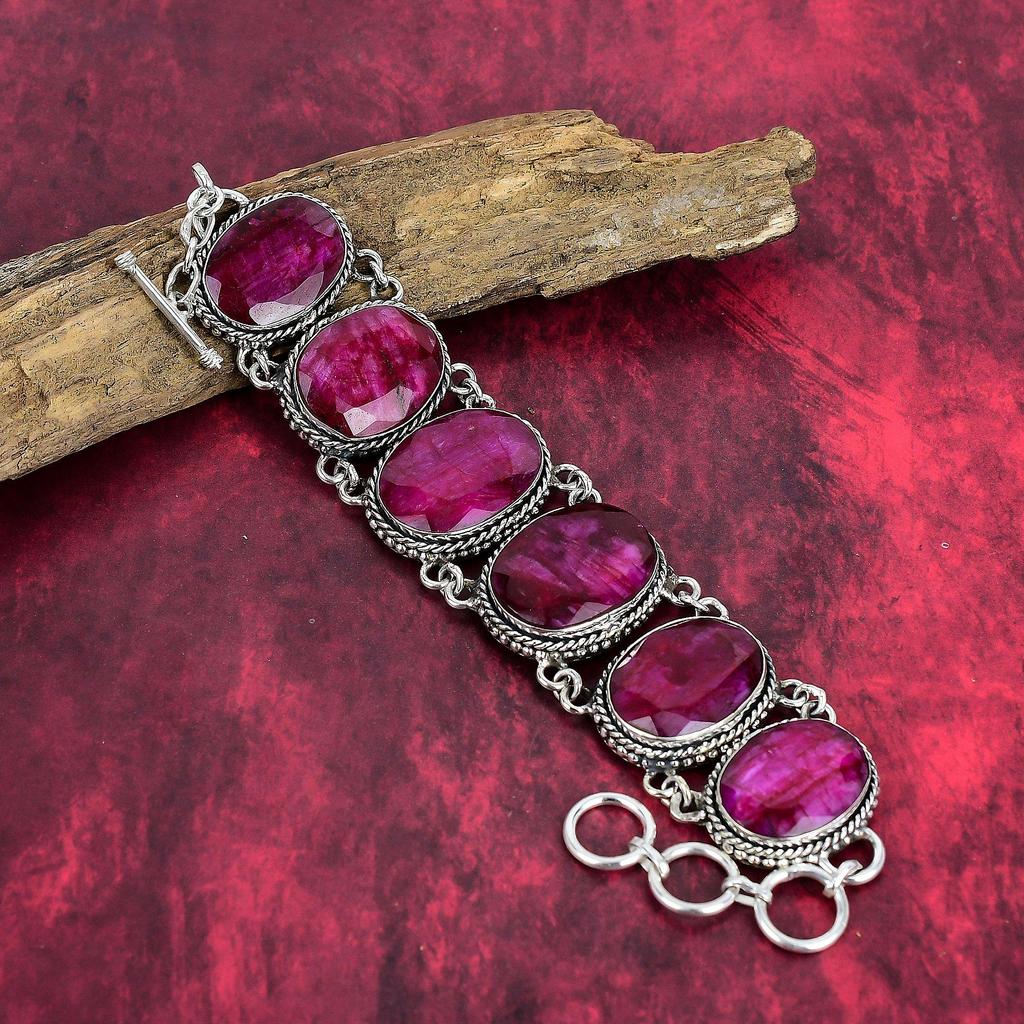 Kashmiri Red Ruby Gemstone Jewelry, 925 Solid Sterling Silver Bracelet& Necklace Jewelry Set, Handmade Pretty Jewelry Set For Women