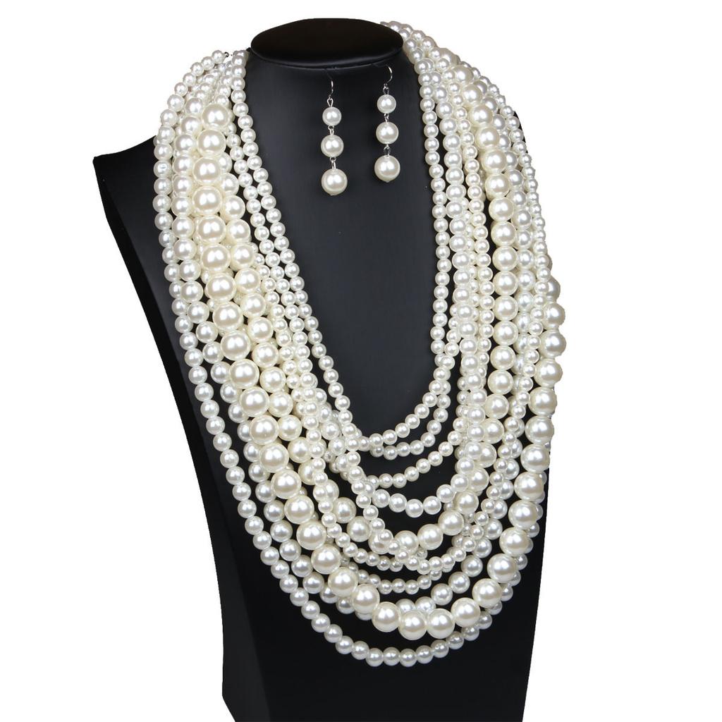 Европейский и американский модный многослойный преувеличенный набор жемчужных ожерелья и серег цепочка для свитера женская цепочка на шею