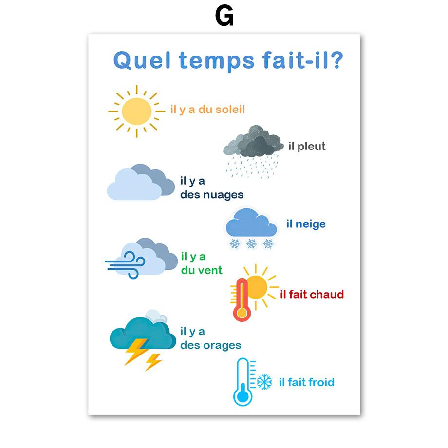 French Educational Nursery Wall Art Color Number Weather Canvas Painting Posters And Print Baby Kids Classroom School Room Decor