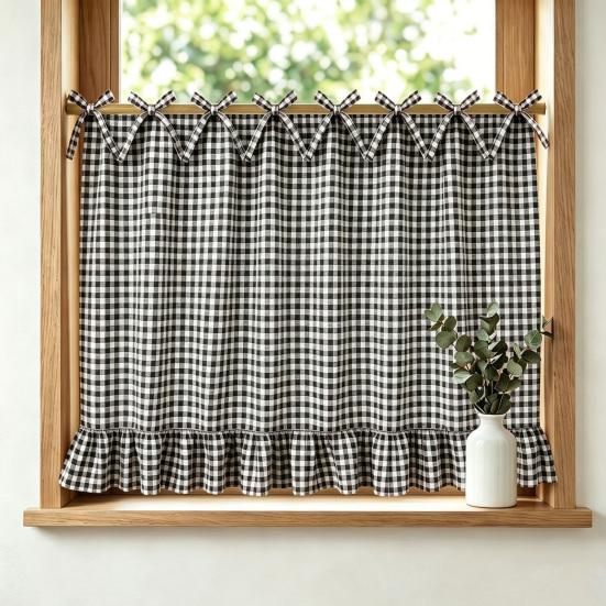Decorative Window Hanging Buffalo Plaid Oven Curtain Skirt, Door with Ribbon Bows, Rustic Modern Kitchen Decor Half Drapes for Farmhouse Sink,