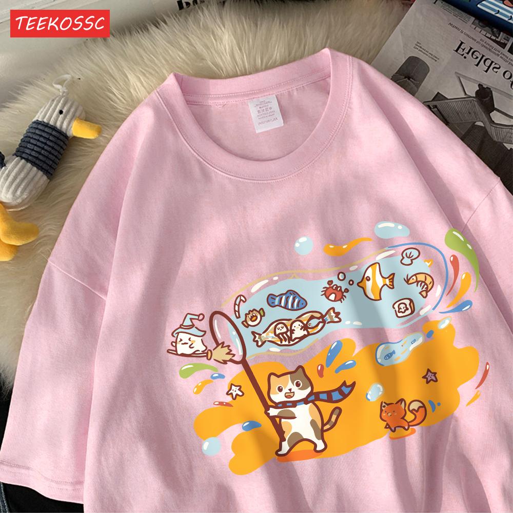 Small Fish In The Huge Bubblecotton Women TShirts Cartoons Printed Tops ONeck Soft Oversized T Shirt Summer Casual Clothes