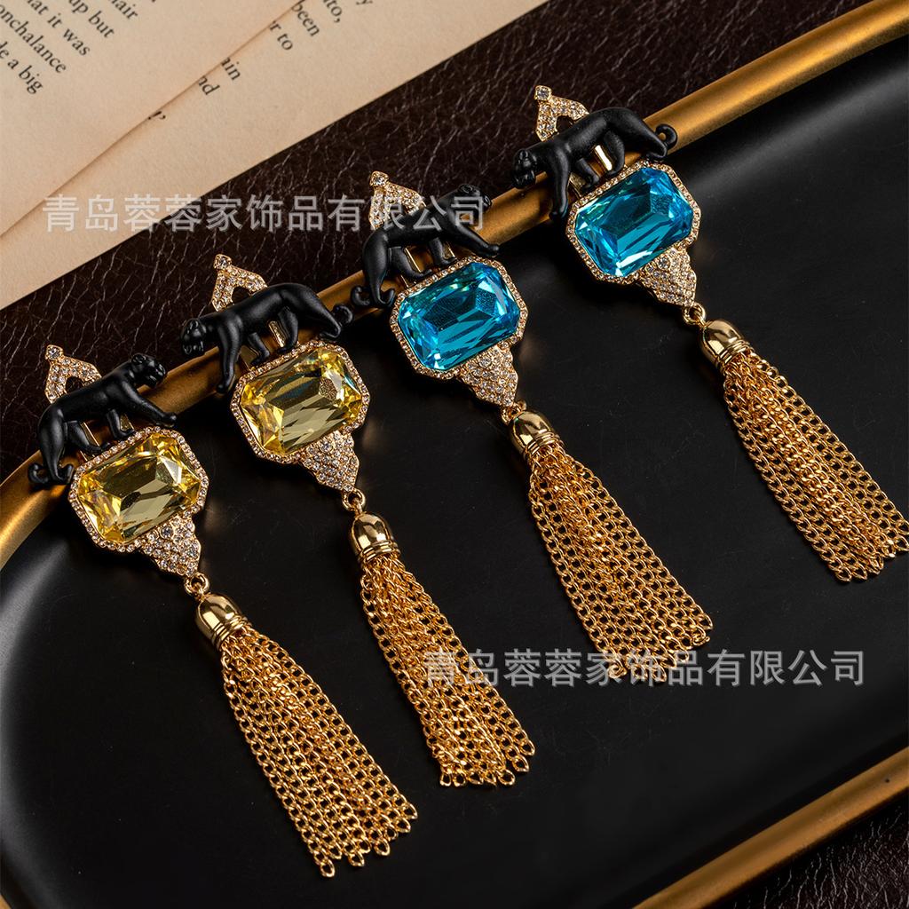 25 New High-end Tassel Earrings With Feel Light Luxury Exaggerated Gemstone Cheetah Long Vintage