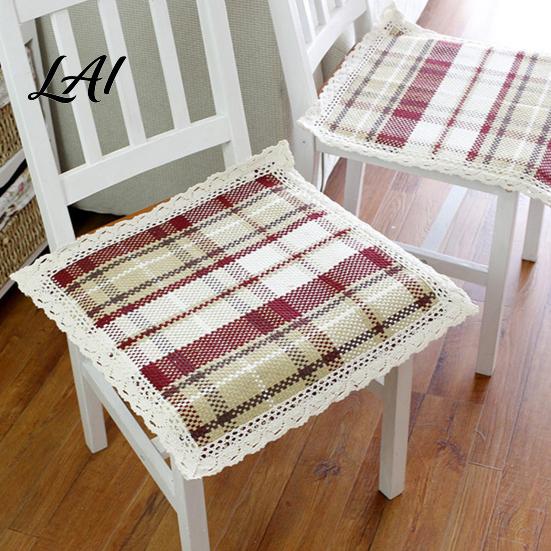Chair Pad with Ties Cotton Linen Ties Square Summer Seat Lace Soft Yarn Trim 15.75" x Breathable Washable Mat for Dining Office Rattan
