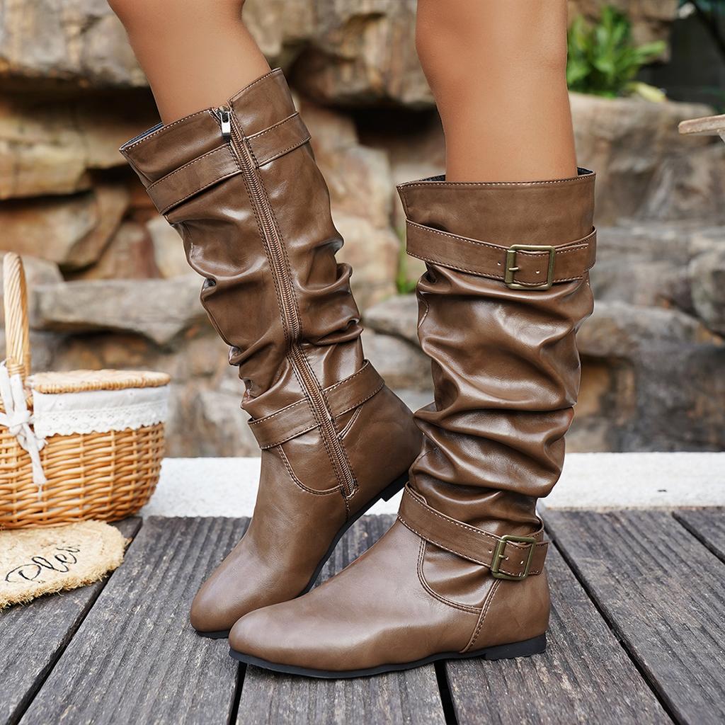 Модные женские ботинки на плоской подошве Дизайнерские высокие ботинки Осень Зима Слипоны Ботинки до середины икры для женщин Модные плиссированные кожаные ботильоны