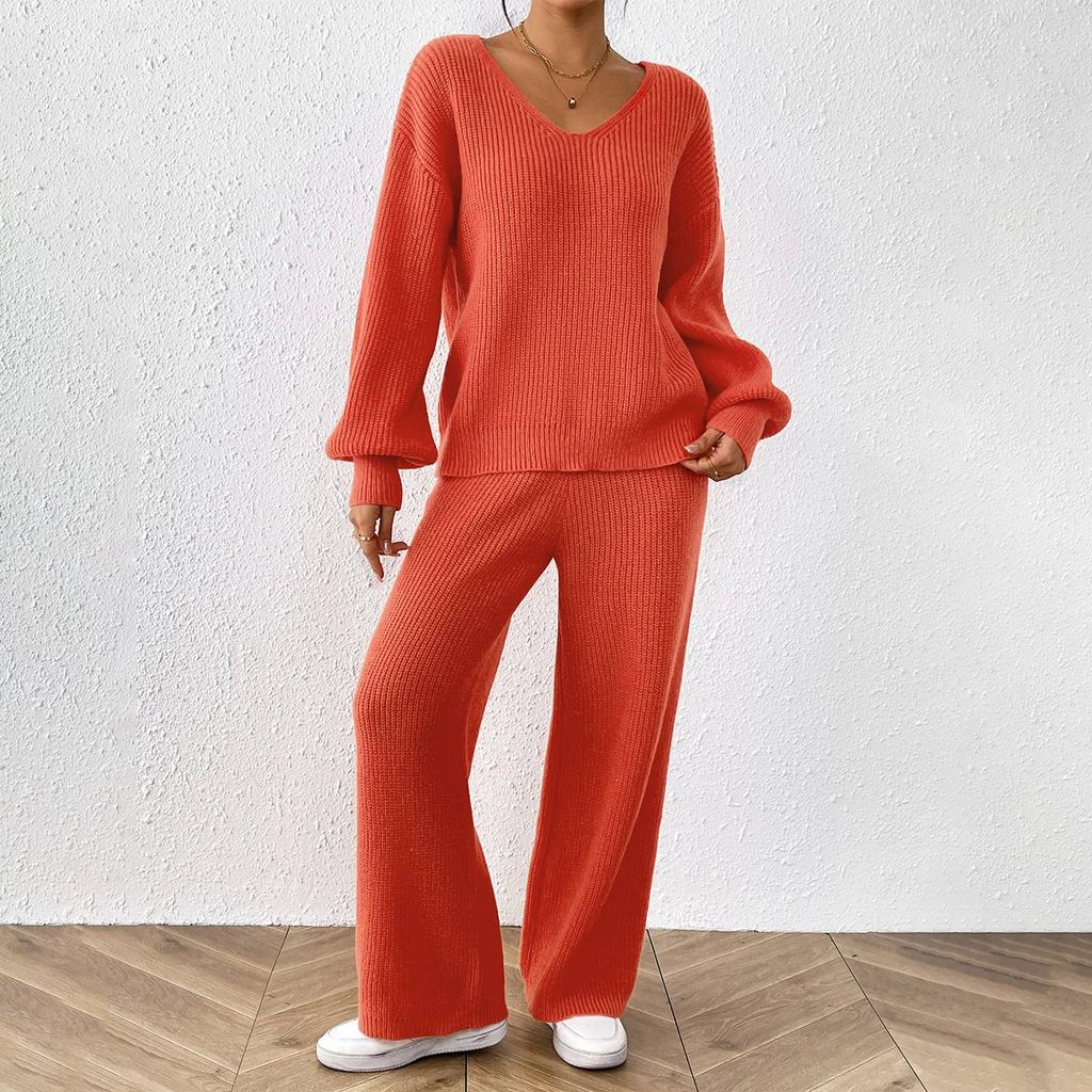 Women's Casual Fashion Woolen Knitting Set V-Neck Loose Top + Solid Color Wide Leg Straight Pants Sweater Two Piece Set
