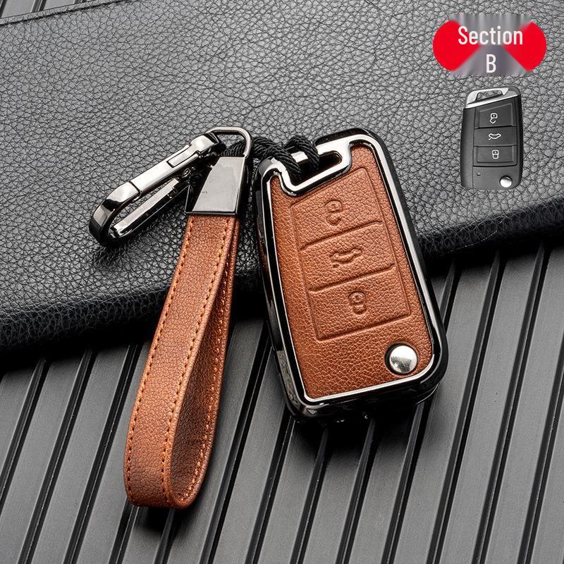 Volkswagen/Skoda Double-Sided Leather Zinc Alloy Car Key Case - Non-Signal Blocking, Full-Wrap Design