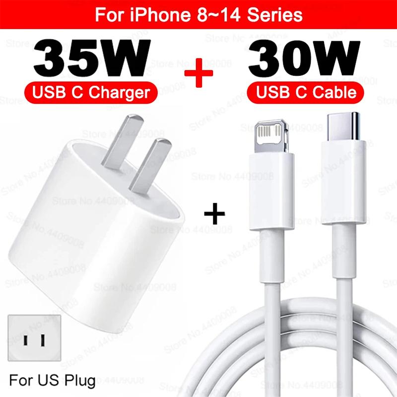 PD 35 Вт Быстрое зарядное устройство USB C для Apple iPhone 15 14 13 12 11 16 Pro Max Быстрая зарядка Кабель USB Type C для зарядки iPhone 16 Зарядное устройство