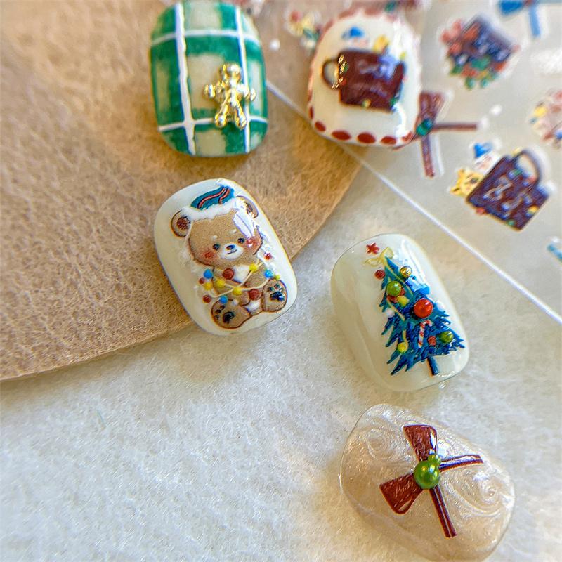 3D милый медведь рождественский нейл-арт наклейка тисненая рождественская елка подарочная коробка ПВХ клей наклейки для нейл-арта маникюрный салон своими руками