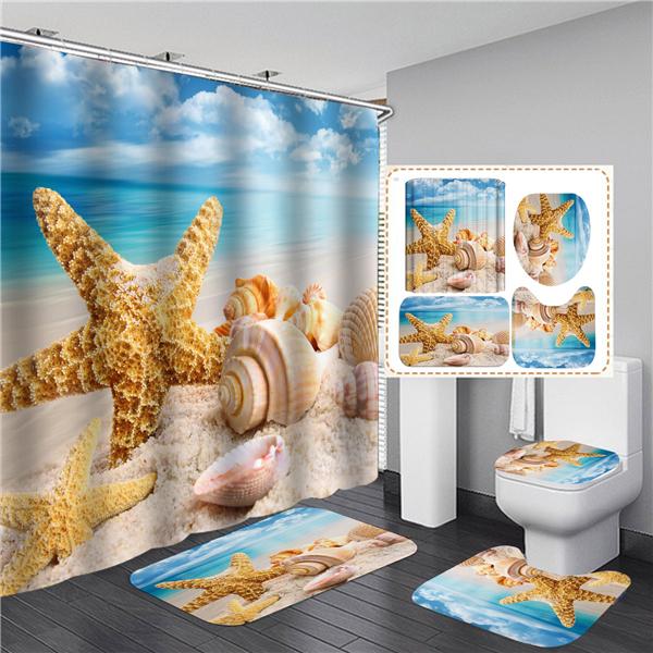 3D Beach Scenery Bathroom Bathing Waterproof Shower Curtain Home Entrance Doormat Bathtub 4Pcs Set Toilet Seat Cover Rugs Bath Non-Slip Floor Mat