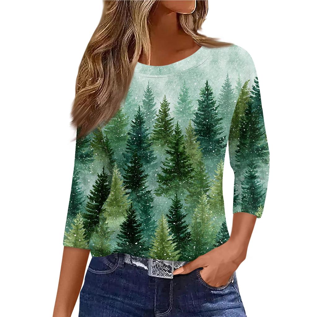 3/4 Length Sleeve Womens Tops Floral Print Vintage Fashion Casual Loose With Round Neck Plus Size Shirts