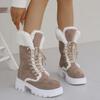 Модные утепленные плюшевые женские зимние сапоги 2025 новые сапоги до середины икры на шнуровке, платформа из искусственного меха, ботильоны, женская утолщенная хлопковая обувь