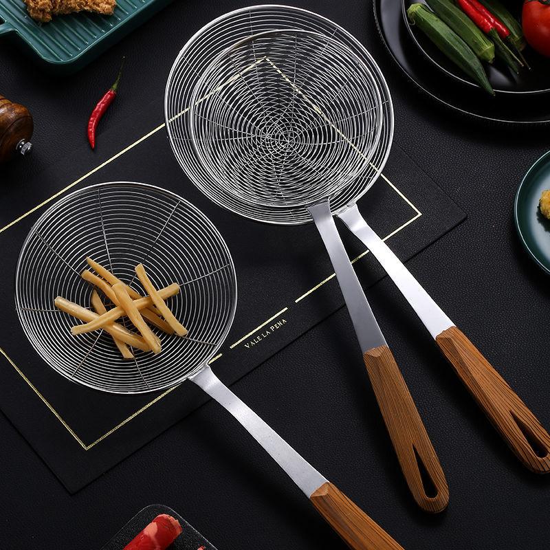 Большой дуршлаг из нержавеющей стали с деревянной ручкой, скиммер для слива масла, фильтр, сито для картофеля фри, ложка, кухонные аксессуары для дома