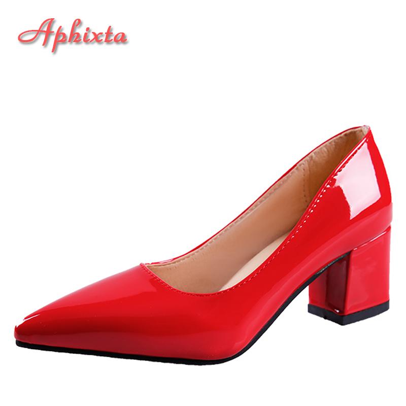 Fashion Aphixta 5cm Square Heels Patent Leather Red Pumps Shoes Woman Classics Pointed Toe Dress Official Pumps Party Plus Size 49 50