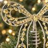 Gold Holiday Tree Ornament Iron Bow Christmas Topper, Rhinestone Hollow-Cut Metal Sturdy Topper with Spiral Base, Elegant Decoration Unique Accents