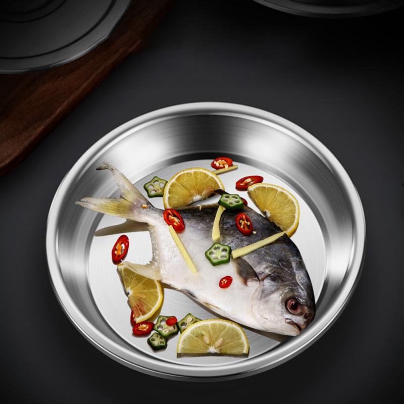 Обеденные тарелки из нержавеющей стали 304 Многоцелевая глубокая тарелка Круглый поднос Тарелка для обеда в китайском стиле