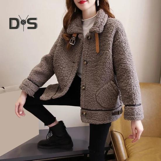 Зимнее женское пальто однобортное с отложным воротником, длинными рукавами, свободными толстыми плюшевыми карманами, поясом, декором, ветрозащитная теплая куртка