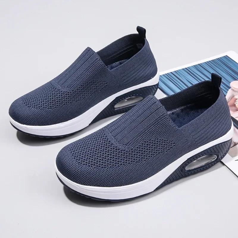 Fashion Women Knitted Mesh Sneakers Breathable Casual Sport Shoes Wedge Platform Rocking Shoes Increasing Ladies Vulcanized Shoes2024
