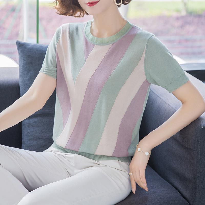 Mom's Ice Silk Stylish T-Shirt - Summer 2026: Fashionable Short-Sleeve Top for Middle-Aged and Elderly Women